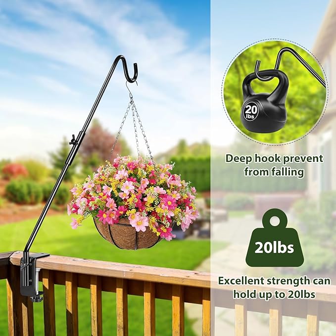 BOLITE Heavy Duty Deck Hook, 20 Inch Bird Feeder Hanger for Hummingbird Feeders, Planters, Lanterns, Wind Chimes, 360° Rotatable Arm, Black