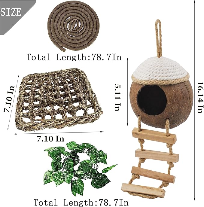 Leopard Gecko Coconut Hut with Ladder,Grested Gecko Coco Den Lizards Hanging Coconut Shell Hideout Cave Reptiles Tank Accessories Climbing Hanging Plants Jungle Vine Flexible Leaves Decor
