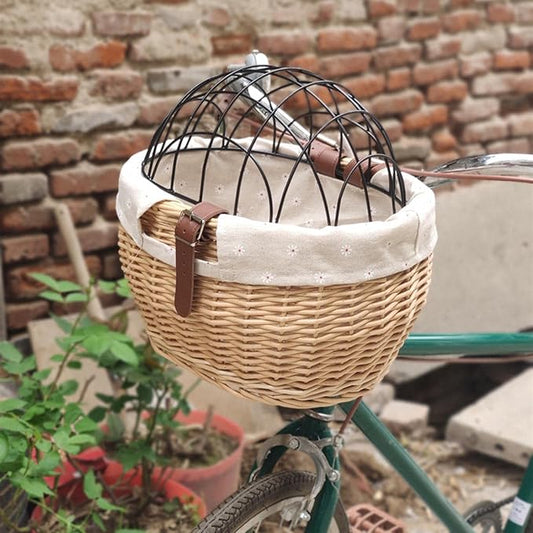 Wicker Bike Basket for Small Dogs Cats Pet Carrier Front Basket with Wire Mesh Cover (Wood Color)