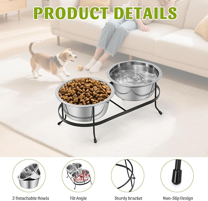 Stainless Steel Raised Dog Bowls with Stand 2 Removable Pet Feeder 15 °Tilt Elevated Pet Water Food Bowls for Dogs Cats Rabbits