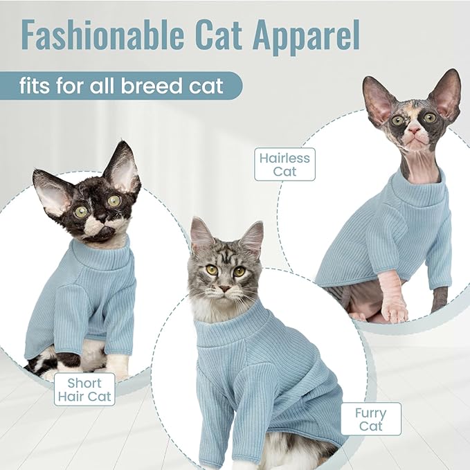 DENTRUN Sphynx Hairless Cats Shirt Pullover Kitten T-Shirts, Breathable Cat Wear Turtleneck Sweater Adorable Cat's Clothes Vest Pajamas Jumpsuit