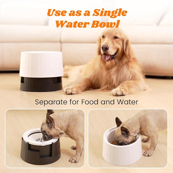 Pawque Raised 95oz Slow Drinking Dog Water Bowl No Spill for Medium Large Breed, Single Elevated Stainless Steel Water Bowl with Floating Disc, Stable Sturdy Base and Snap on Adjustable Height Stand