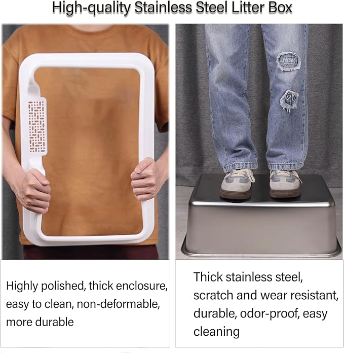 Enclosed High Sided Metal Stainless Steel Cat Litter Box with lid Scoop and Mats for Kittens or Medium Cats, Easy Clean Transparent Black Deep Tall Kitty Litter Box