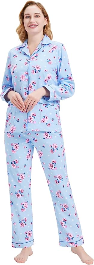 GLOBAL Flannel Pajamas for Women 2-Piece Comfy and Cozy Flannel Pj Set Cotton Loungwear