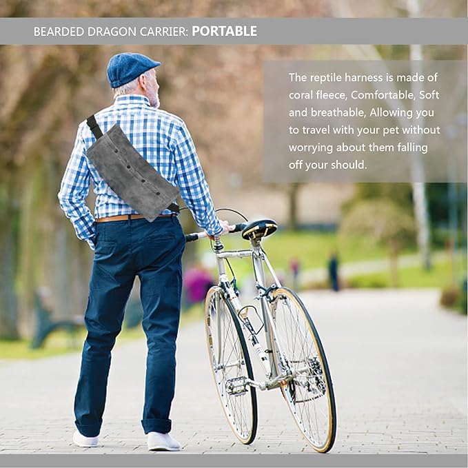 Bearded Dragon Leash and Harness Set, Beardie Carrier, Lizard Adjustable Harness with Leather Wings and Sling Bag, Reptile Small Pet Backpack Batwing Accessories (Grey)