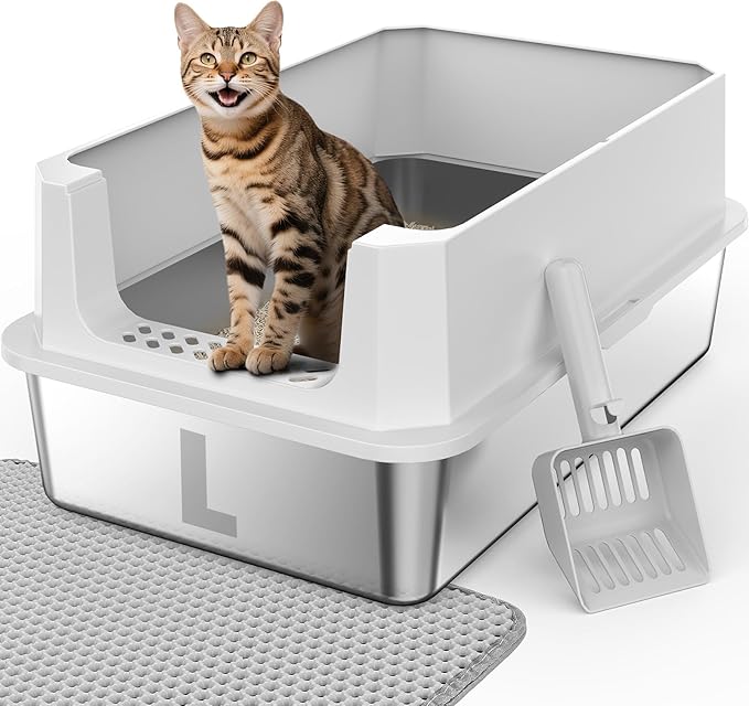 FURTIME Stainless Steel Litter Box with Lid, Large Metal Cat Litter Box for Big Cat, Large Cat Box High Sided with Non-Stick, Odor-Resistant, Anti-Urine Leakage, Easy Cleaning, Includes Scoop and Mat
