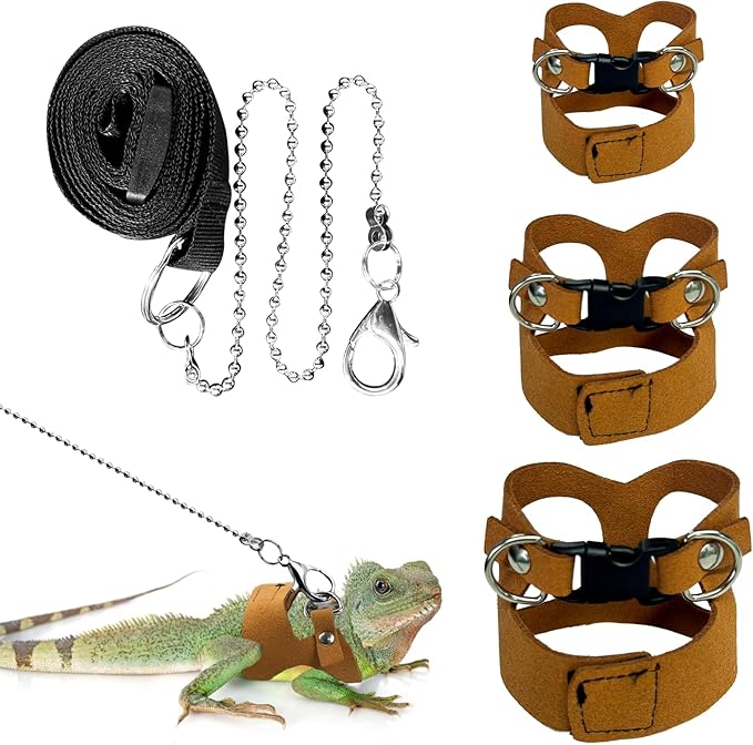 3 Pack Bearded Dragon Harness and Leash [3 Sizes] Adjustable Soft Leather Lizard Harness w/Retractable Leash Small Animal Traction Rope Walking Vest Accessories for Lizards Reptiles Squirrel Rat