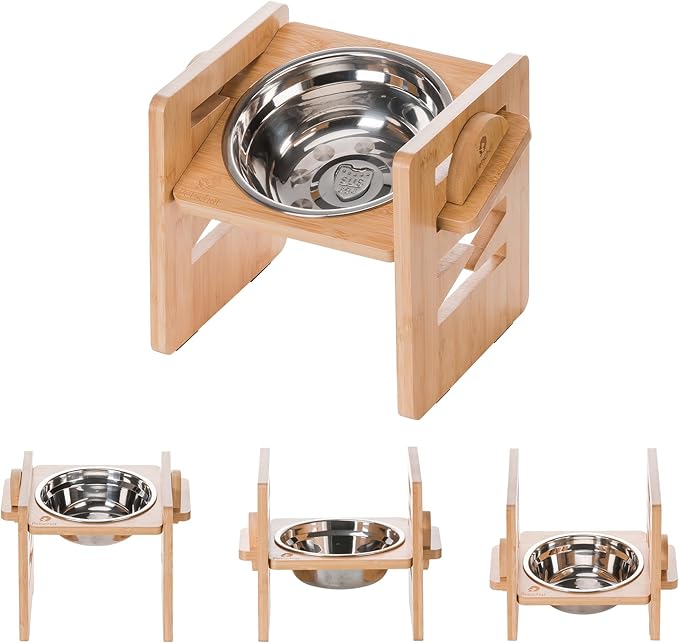 Elevated Dog Bowl, 6 Heights Adjustable Raised Dog Bowl 2.4″-6.7″, with Food Grade 304 Stainless Steel 15 OZ, Bamboo Dog Bowl Stand for Small & Medium Dogs Cats, 1 Pack
