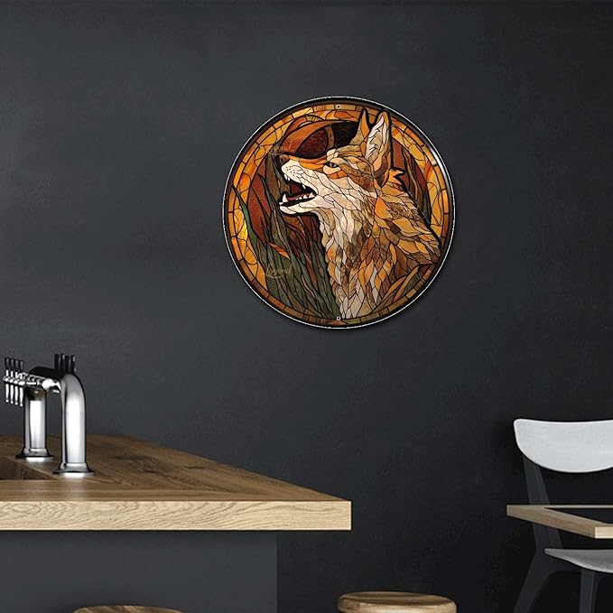 Lygond Metal Sign Tin Sign Circular Stained Glass Coyote Signs for Garden for Pub 12×12 Inches
