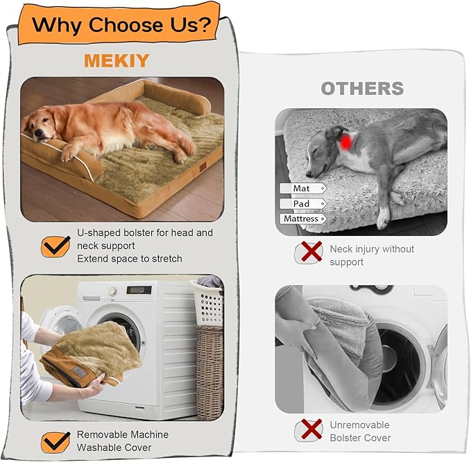 Large Dog Bed Orthopedic Washable, Orthopedic Dog Beds for Large Dogs with Washable Cover, Removable Bolster and Non-Slip Bottom Orange Dogs Beds, XL XLarge Extra Large Dogs