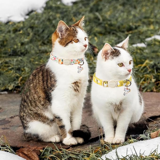 ARING PET 2 Pack Cat Collars-Cute Breakaway Cat Collar with Bell & Pendant, Adjustable Floral&Bees Pattern Kitten Collars with Safety Buckle for Girl and Boy Cats