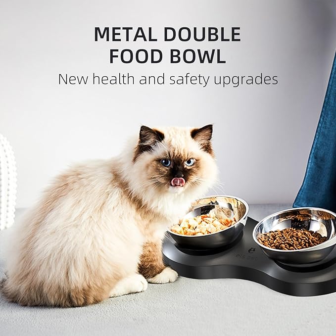 Double Dog Bowl with Stand, Elevated Dog Bowls for Small Medium Dogs & Cats, 2-in-1 Adjustable 0°&15° Tilted Stainless Steel Food Water Bowl Set, Non-Slip No-Spill Feeder for Improved Digestion