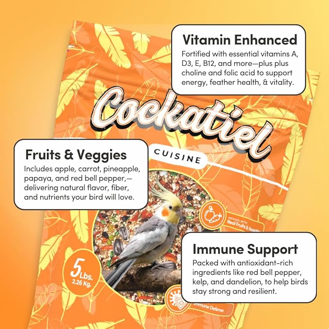 Mycelium Cockatiel Cuisine (5 LB Bag) | Organic Bird Seed w/Fruits, Veggies & Added Vitamins | Immune-Supporting, Nutrient-Rich Daily Blend for Cockatiels | Non-GMO, No Fillers, Made in USA