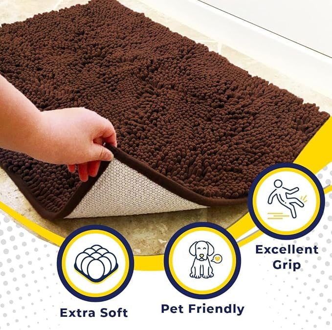 Muddy Mat® AS-SEEN-ON-TV Highly Absorbent Microfiber Door Mat and Pet Rug, Non Slip Thick Washable Area and Bath Mat Soft Chenille for Kitchen Bathroom Bedroom Indoor and Outdoor - Brown XXXL 72"X48"