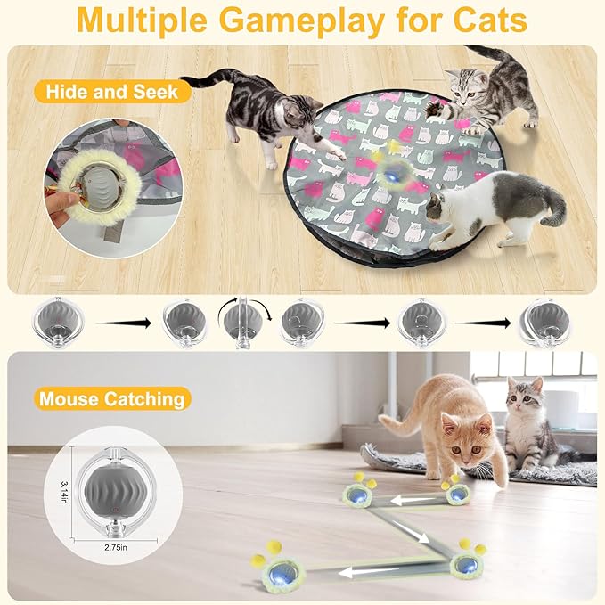 Interactive Cat Toys for Indoor Cats, Automatic Motion Toy in Pouch, Activated Fast Rolling Ball in Play Mat, Hide and Seek Mouse Catching Game with Chirping, LED Light, Auto On/Off (Grey)