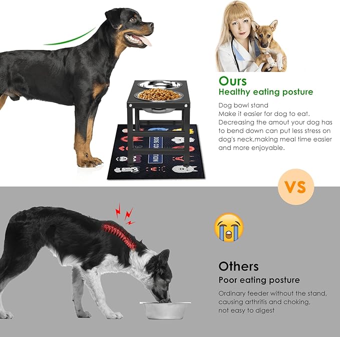 Metal Raised Dog Bowl, 10" Tall Elevate Dog Feeder Stand with 2 Stainless Steel 42oz Bowls & 16x24 Non-Slip Mat – Stronger Dogs Food & Water Bowl Stand (Black)