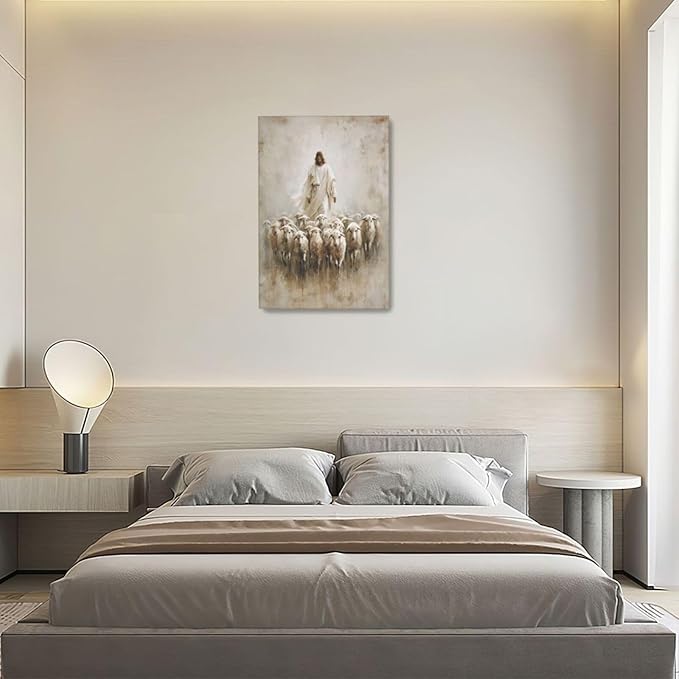 Jesus and Lamb Wall Art Christian Jesus Lamb Canvas Wall Decor Christ Religious Pictures painting Print Framed Artwork Decorations Gifts for Living Room Bedroom Prayer Room Church 16"x24"