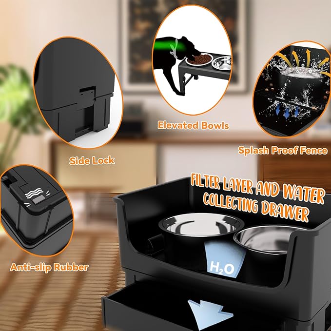 Mess Proof Raised Dog Bowls,Elevated Dog Bowl Stand Set 2 Stainless Steel Food Bowls,Splash Water Collection Non-Slip Medium Sized Feeding Table