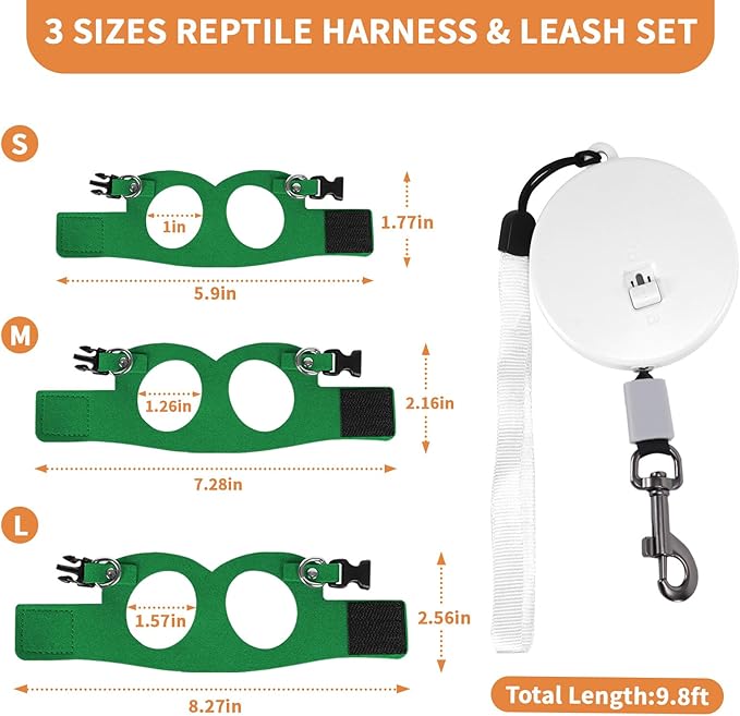 3 Pack Bearded Dragon Leash and Harness Set, Retractable 9.8FT Leash with 3 Sizes Adjustable Soft Harness for Reptile Small Animals Walking, Cute Lizard Vest Clothes for Reptile Lovers -Green