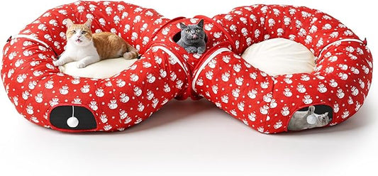 Pawaboo 2-in-1 Cat Tunnel Bed for Indoor Cats, 8-Shaped Large Cat Tunnels with Plush Cushions, Foldable Cats Cave Hideout Kitty Toys with Fluffy Balls, Donut Tunnel for Kitten Rabbit Ferret, Red