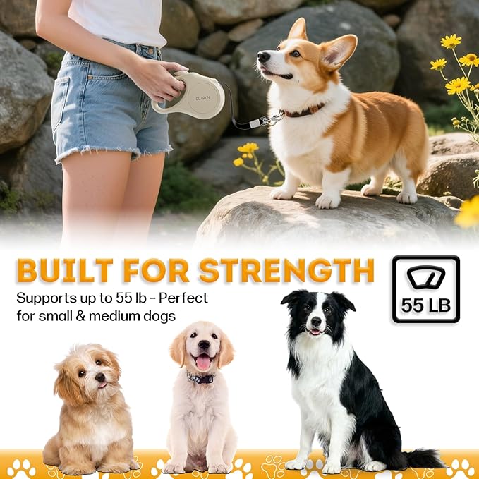 OUTRUN Retractable Dog Leash 16 FT Walking Leash up to 55 lb, Strong Nylon Tape No Tangle, Heavy Duty One-Handed Brake Lock Perfect for Small & Medium Sized Dogs and Pets