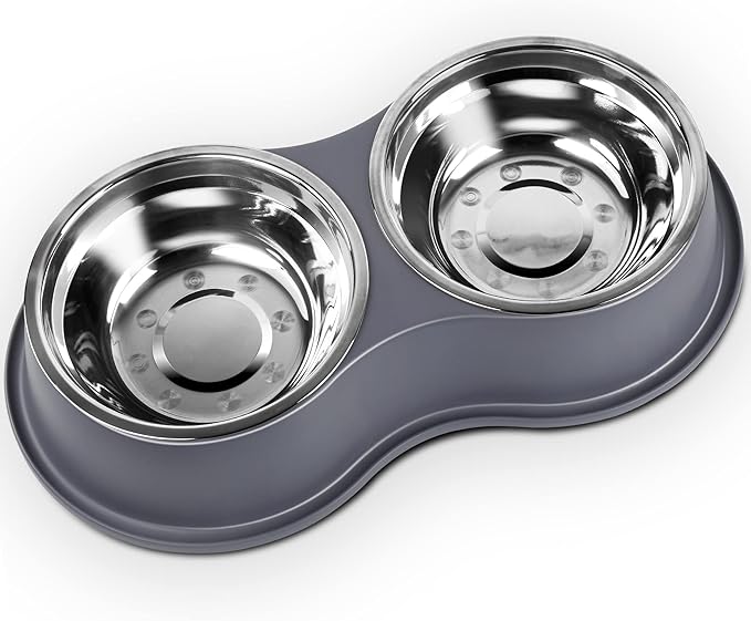 Dog Bowls Large Double Dog Water and Food Bowls Stainless Steel Bowls with Non-Slip Resin Station, Pet Feeder Bowls Food Dish for Small Medium Large Dogs Cats