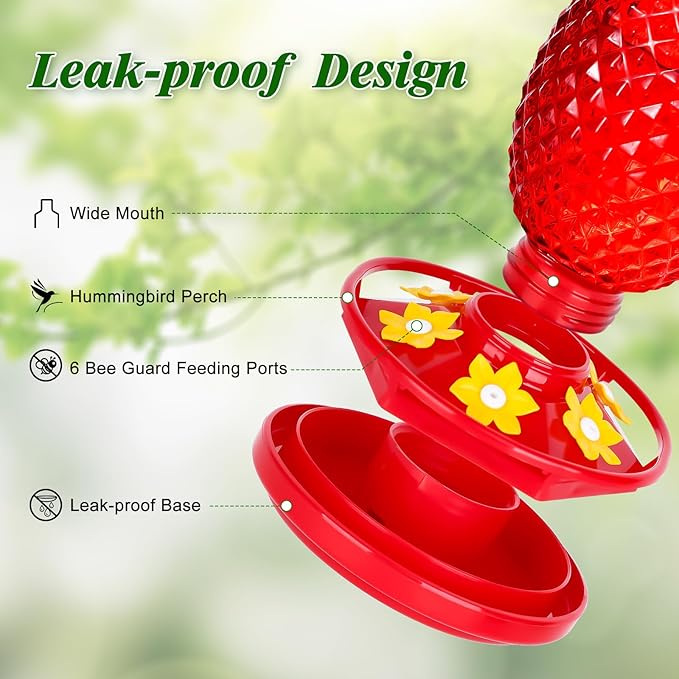Glass Hummingbird Feeders for Outdoors Hanging Ant and Bee Proof 16OZ 2 Pack Red Pineapple Humming Bird Feeder with 6 Feeding Ports and Ant Moat Hummingbird Gifts for Women Garden Decor
