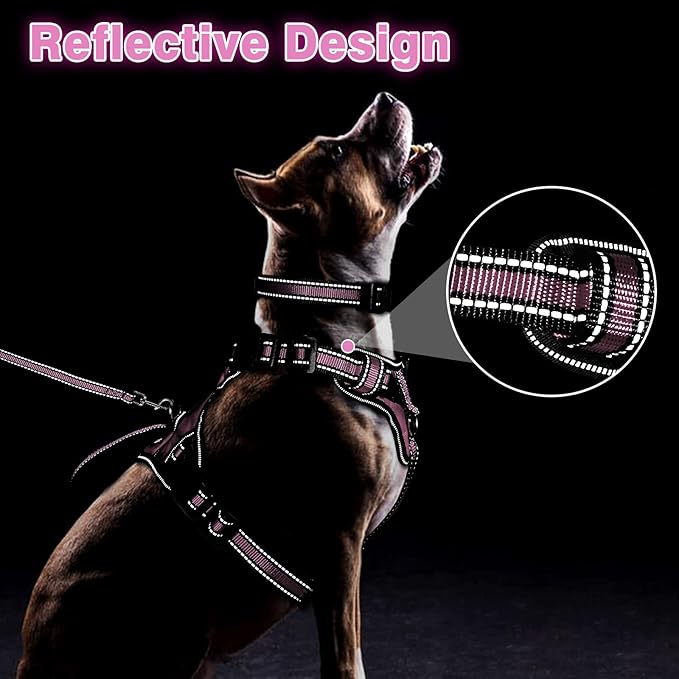 WINSEE Pet Harness Collar and Leash Set, All-in-one Reflective Dog Harness No Pull with Adjustable Buckles for Puppies, Small, Medium, Large, and Extra-Large Dogs (Large, Pink)