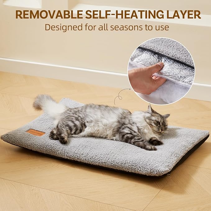 Self Warming Cat Bed Self Heating Pad 24 x 18 inch Thermal Pet mat for Indoor Outdoor Pets Double Filled Cat Mat with Washable Removable Cover Non-Slip Bottom (Light Gray)