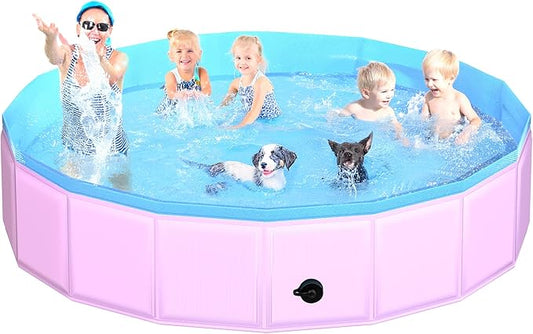 2025 Updated Foldable Dog Pool, 97" x 12" Kiddie Pool with Hard Plastic, Non-Slip Dog Bath Tub for Outdoor Backyard, Collapsible Dog Swimming Pool for Kids Dogs Pets (Pink)