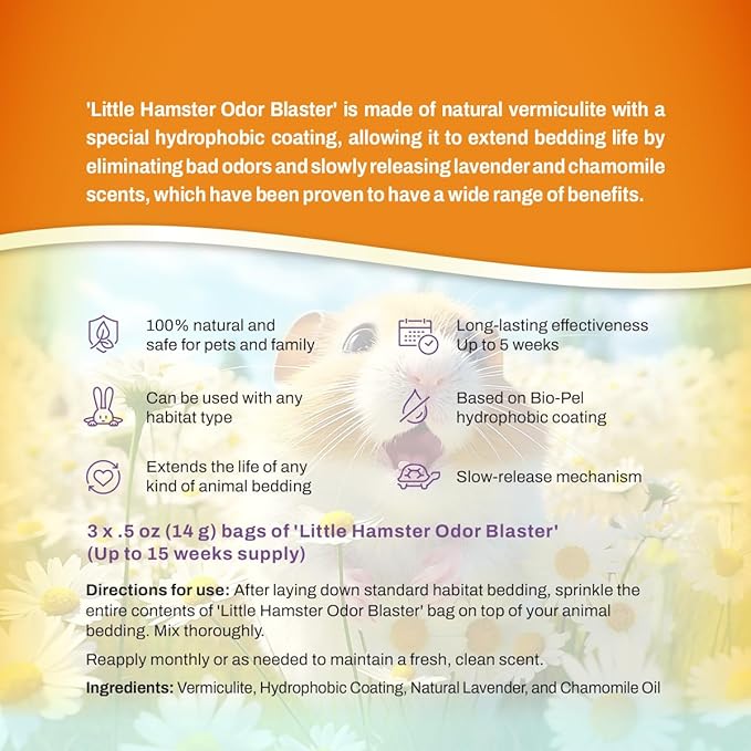 Hamster Odor Blaster | a New Generation Of Animal Bedding Deodorizer | Unique Slow Release Formula | Natural Fresh Scent - Lavender & Chamomile | Up to 15 Weeks Supply | 3 x 0.5oz bags
