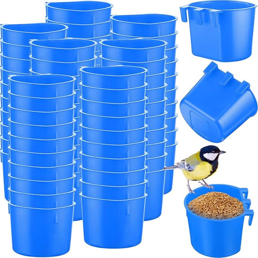 120 Pcs Cage Cups Chicken Birds Feeder Cups Plastic Hanging Chicken Feeders and Waterers 8 oz Feeding Bowl for Gamefowl Supplies Pet Pigeon Poultry Parrot Parakeet Rooster Rabbit(Blue)