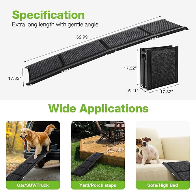 Dog Ramp for Car，63" x 17" Wide Folding Pet Ramp Dog Ramps for Medium & Large Dogs with Non-Slip Rug Surface ，Portable Dog Car Ramp for SUV Car & Truck, Outdoor Dog Ramp Up to 250 LBS