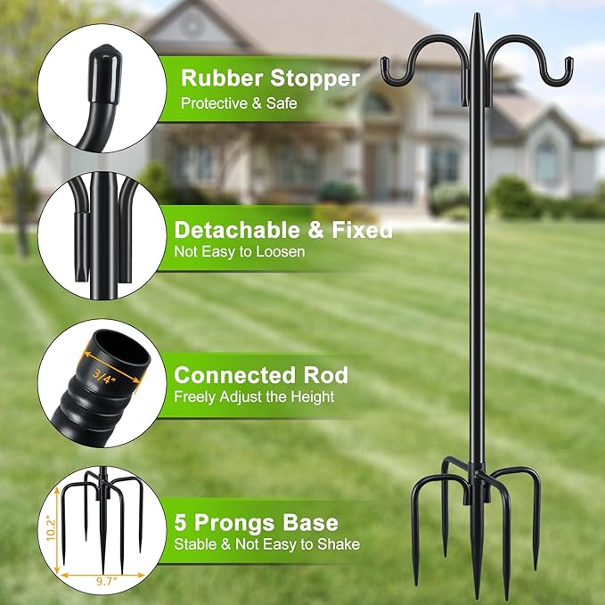 Gtongoko Double Shepherds Hook for Outdoor, 2 Pack 108 Inch Heavy Duty Bird Feeder Pole 3/4 Inch Thick Garden Hooks for Hanging Hummingbird Feeder, Plant Baskets, Solar Light Lanterns