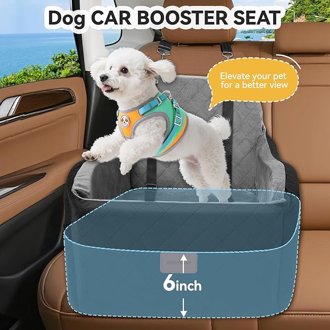 Dog Car Seat for Small & Medium Dogs, Detachable & Washable Booster Seat for Pets Up to 35lbs, Pet Travel Bed with Storage Pockets and Safety Belt (Black/Grey, Medium)