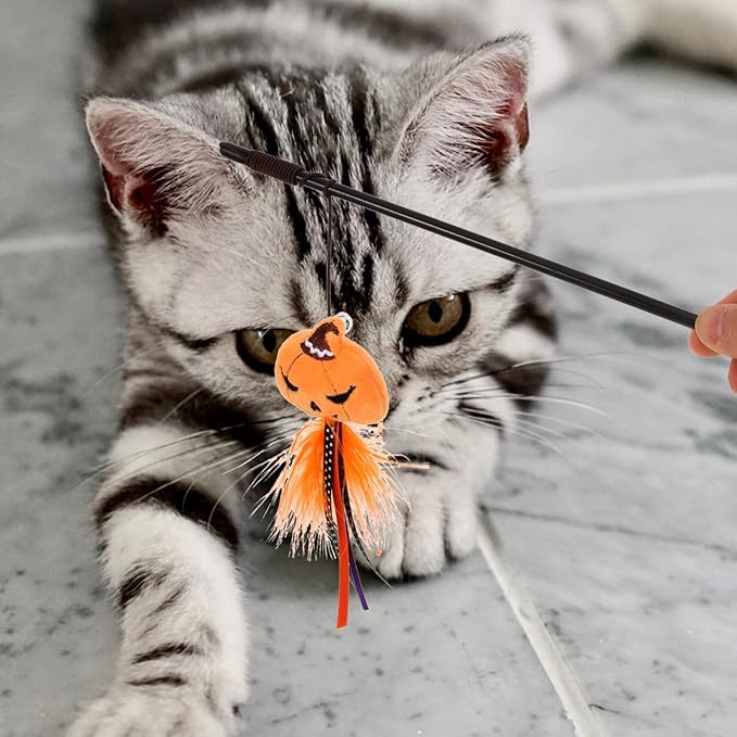 BESTOYARD Halloween Cat Wand Toys, Interactive Cat Teasing Stick Multifunctional Wand Toy Kitten Stick Funny Pet Launcher