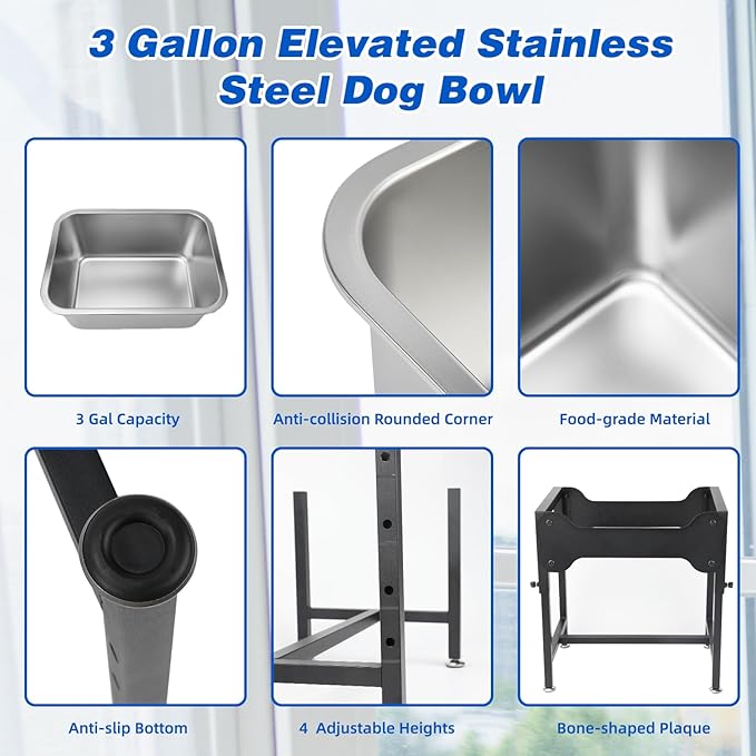 YUEPET 3 Gallon Elevated Dog Water Bowl for Large Extra Large Dogs Stainless Steel Dog Bowl with 4 Heights Adjustable Metal Anti-Slip Stand Pet Food Bowl for Joint Pressure Relief Indoor Outdoor Use