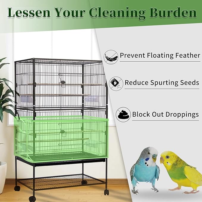 Daoeny Large Bird Cage Cover, Bird Cage Seed Catcher, Adjustable Soft Airy Nylon Mesh Net, Birdcage Cover Skirt Seed Guard for Parrot Parakeet Macaw African Round Square Cages (Green)