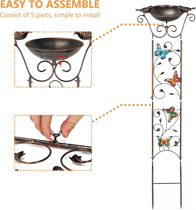LEWIS&WAYNE Garden Trellis Bird Bath Outdoor, 40 Inch Antique Iron Garden Plant Trellis Decorative with Butterflies and Detachable Drinking Basin Bowl, Free Standing BirdBath Birdfeeder Station