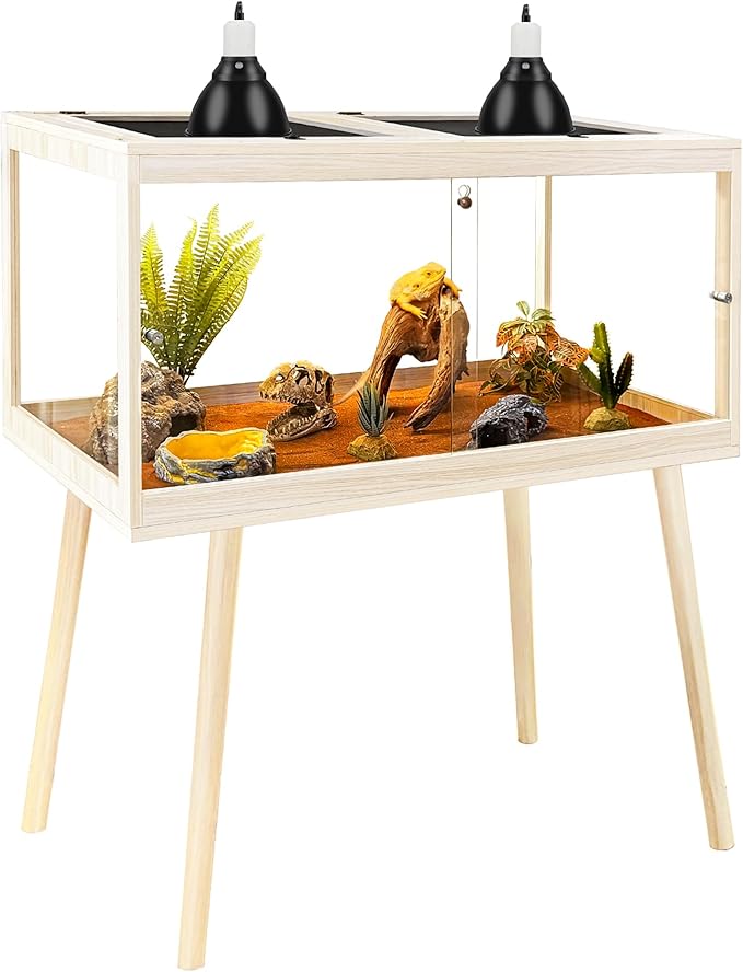 PROLEE Tempered Glass Reptile Enclosure with Leg,32“ Scratch-Proof Bearded Dragon Tank,32 Gallon Lizard Tank with Metal Mesh Tops and Lockable Door,Spacious Reptile Habitat for Snake,Lizard (Oak)