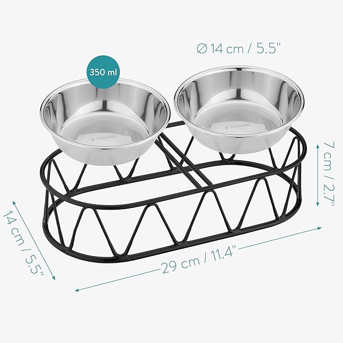 Navaris Stainless Steel Dog Bowls - Cat Food Bowls with Stand - Elevated Double Bowl and Holder for Cats & Small Dogs Raised Metal Wire Stand - Black