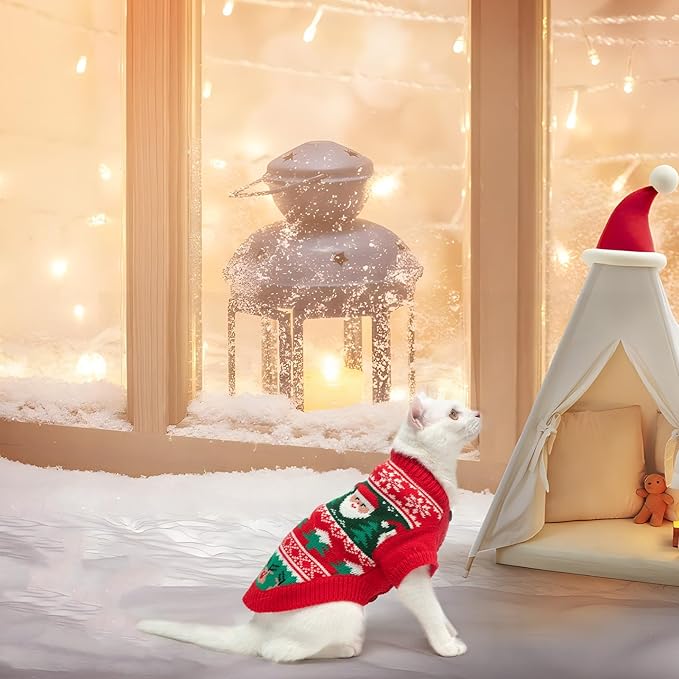 EXPAWLORER Cat Christmas Sweater - Stylish Knitted Christmas Pet Outfit, Soft Clothes for Cats Only, Knitwear Xmas Sweater with Sleeve Warm Apparel, Kitten Clothes for All Cats, Large