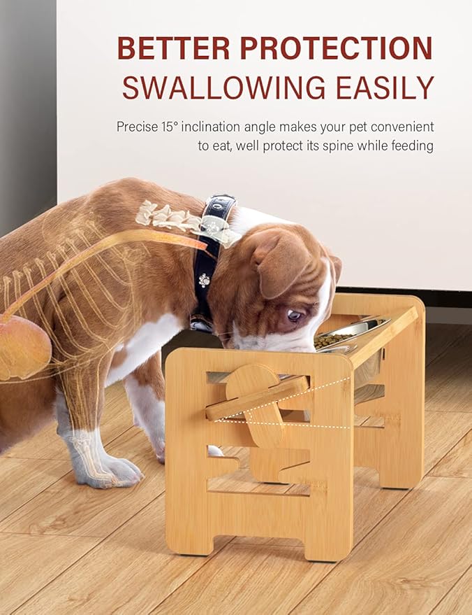 Vantic Elevated Dog Bowls, Adjustable Raised Dog Bowl Stand for Small Puppy and Cats, Sturdy Bamboo Pet Food Feeder with 2 Stainless Steel Dishes, Natural