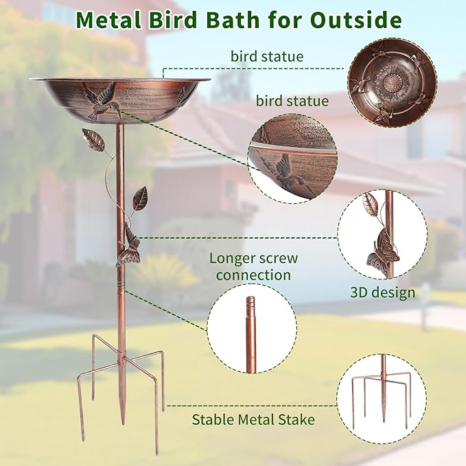 Metal Bird Bath Feeder for Outdoors,3.34" Deep Birdbaths Bowl with Stable Upgrades Stake 5-Pronged Base,Easy Clean Birdfeeders for Garden Yard Lawn Decor(Red Bronze)