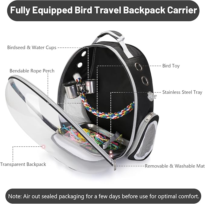 Bird Backpack Carrier, Travel Bird Cage for Small Medium Size Parrot Parakeet Budgies Cockatiel, Portable Clear Bubble Window Bag with Stainless Steel Tray Food Bolw Standing Perch (Black)