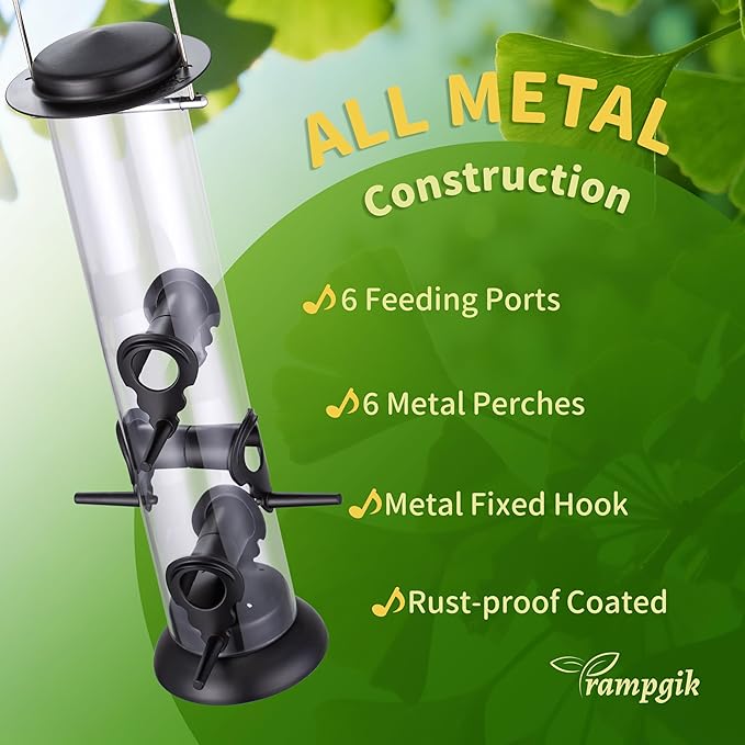 Bird Feeder Premium Hard Plastic for Wild Bird Feeders for Outdoors,Tube Bird Feeders for Outdoors Hanging,14 Inch 6 Port Black,Pack of 1