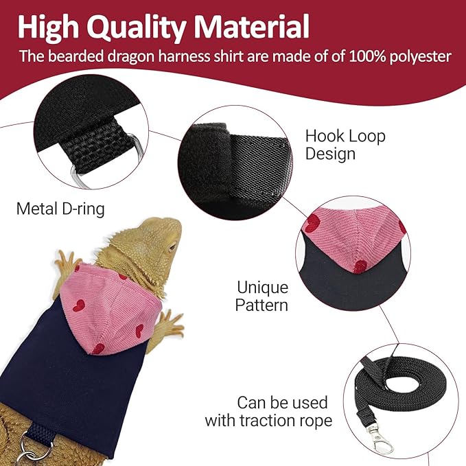 Bearded Dragon Lizard Hoodie Leash Suit Reptile pet Outdoor Chest Harness Chameleon Squirrel Leash Hooded Clothes Suitable for Bearded Dragon Lizard Reptiles（Red hat）