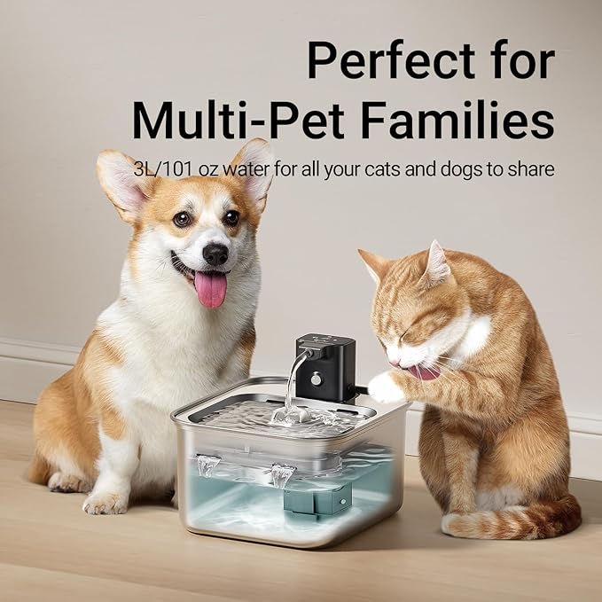 DownyPaws Cat Water Fountain Stainless Steel Wireless, 101 oz/3L FurSink Cordless Cat Water Dispenser for Pets, Battery Operated Dog Drinking Fountain with Motion Sensor, Easy Clean, Metal