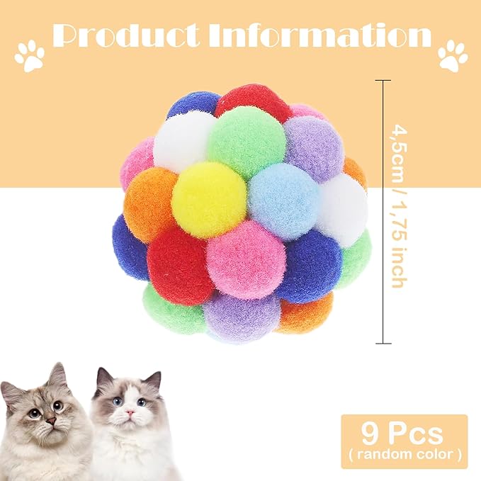 Cat Toy Balls 9PCS - 1.75" Plush Washable Balls for Kittens | Ultra-Soft Chew Toys, Noiseless Interactive Play, Durable Fuzzy Cat Toys for Indoor Cats with Vibrant Colors