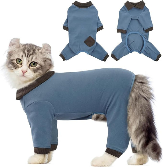 QBLEEV Cat Pajamas for Cats Only, Sticky Hair Cat Clothes, Cat Onesie for Cats After Surgery Female Male, Surgical Cat Recovery Suit Full Bodysuit, Long Sleeve Cat Shirts Outfits to Prevent Licking